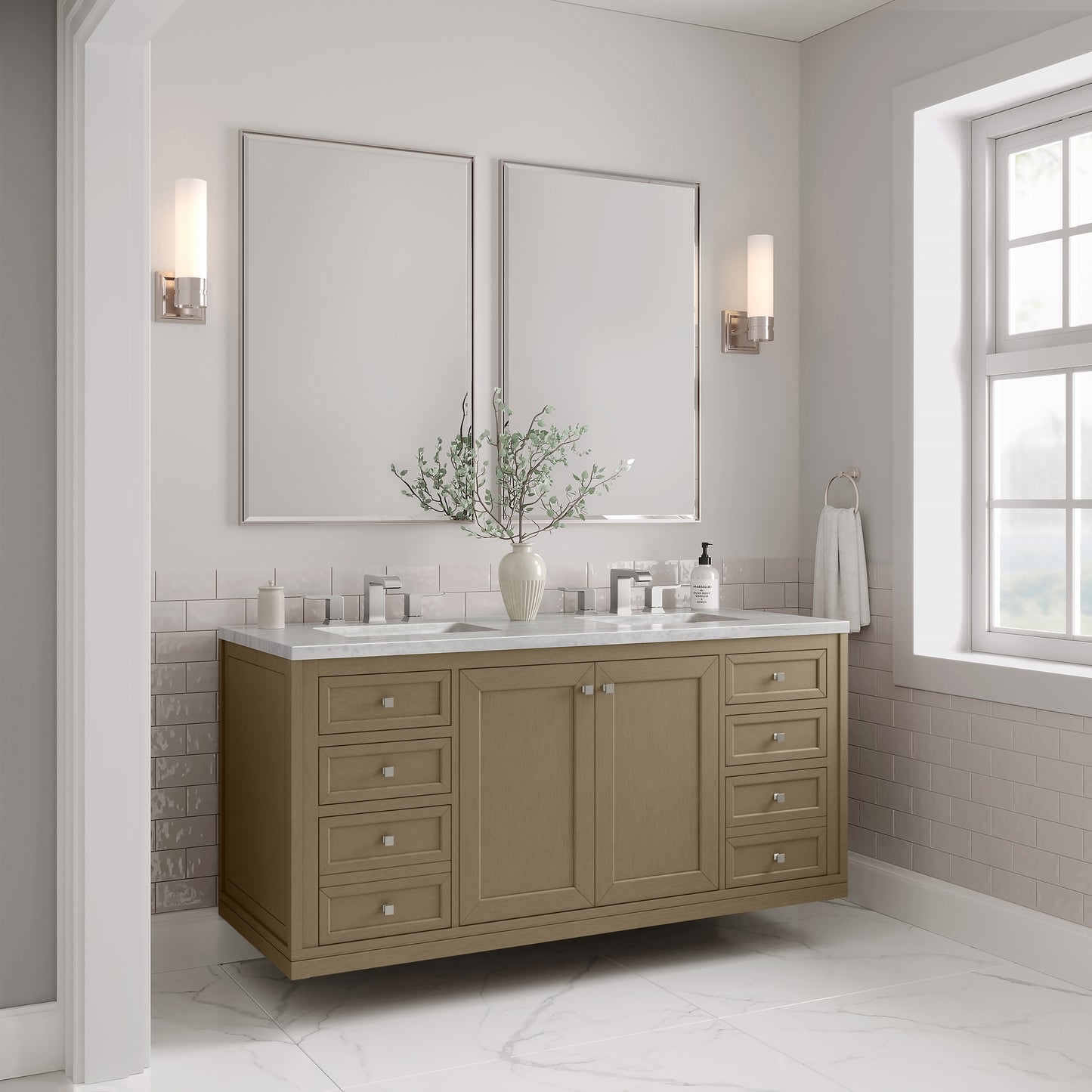 James Martin Vanities Chicago 60" Walnut Whisper Double Vanity With 3cm Arctic Fall Solid Surface Top