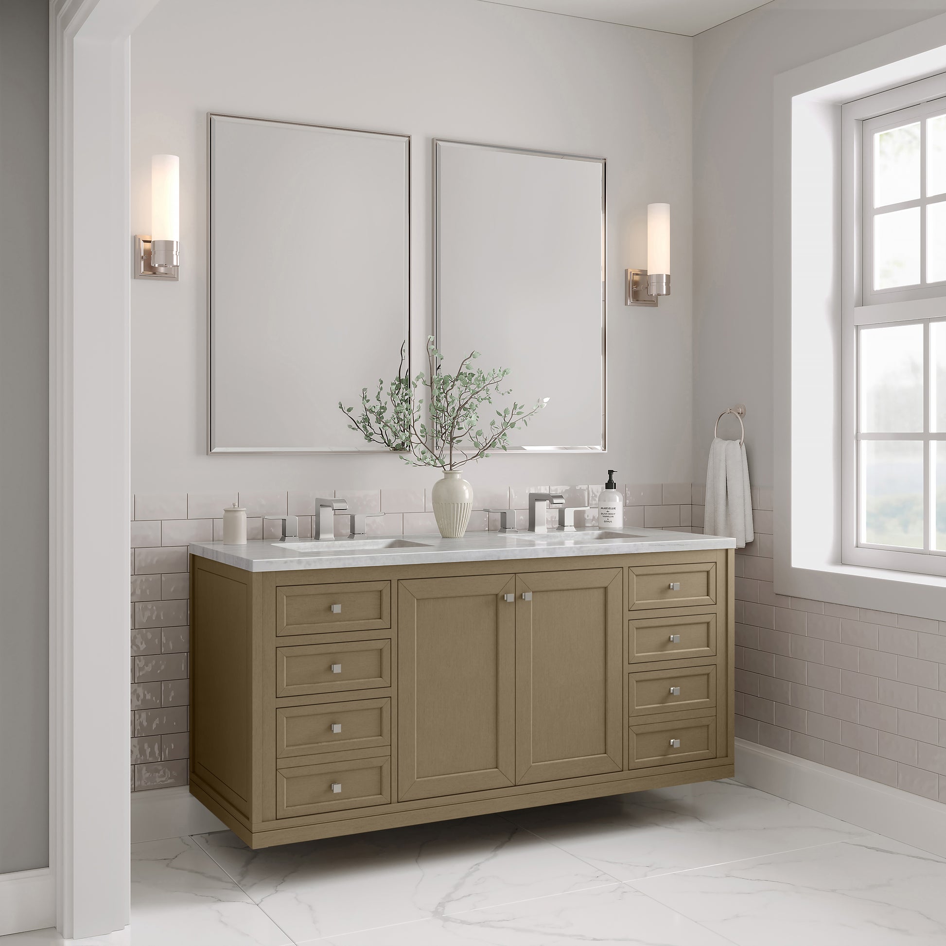 James Martin Vanities Chicago 60" Walnut Whisper Double Vanity With 3cm Arctic Fall Solid Surface Top