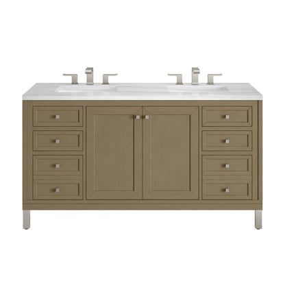 James Martin Vanities Chicago 60" Walnut Whisper Double Vanity With 3cm Arctic Fall Solid Surface Top
