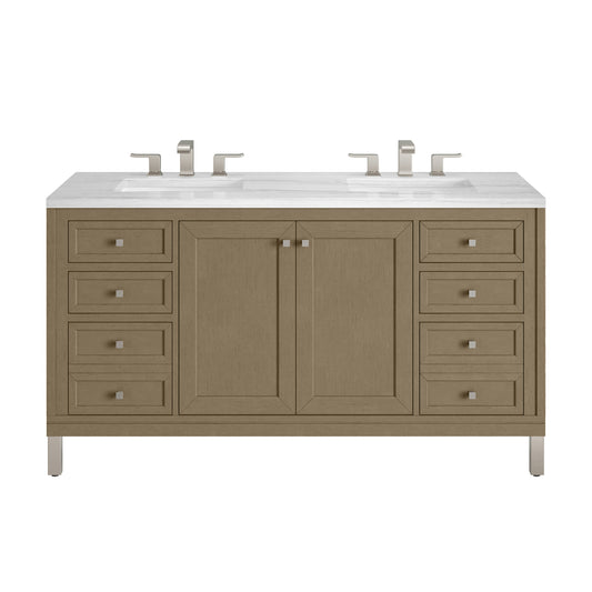 James Martin Vanities Chicago 60" Walnut Whisper Double Vanity With 3cm Arctic Fall Solid Surface Top