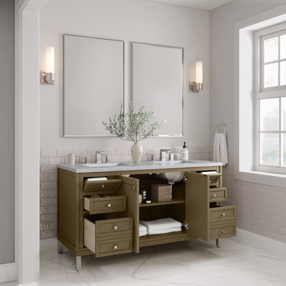 James Martin Vanities Chicago 60" Walnut Whisper Double Vanity With 3cm Carrara Marble Top