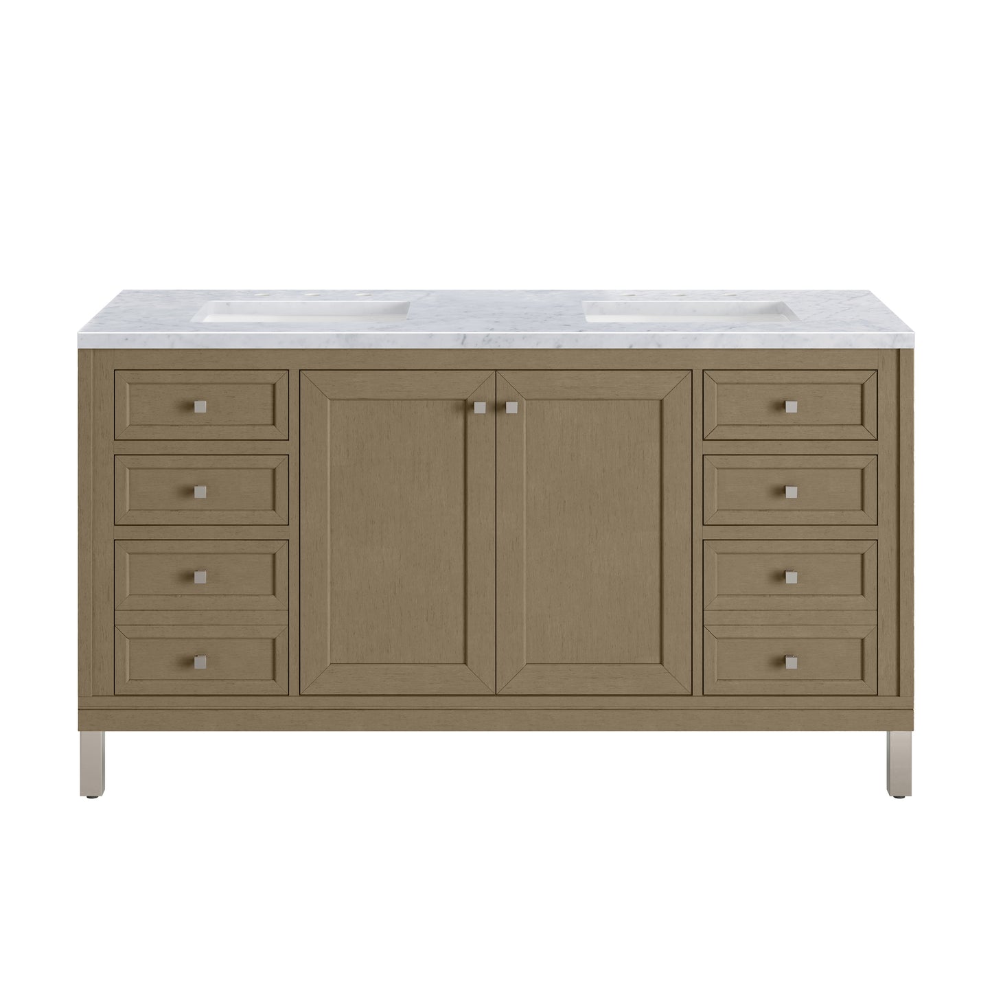 James Martin Vanities Chicago 60" Walnut Whisper Double Vanity With 3cm Carrara Marble Top
