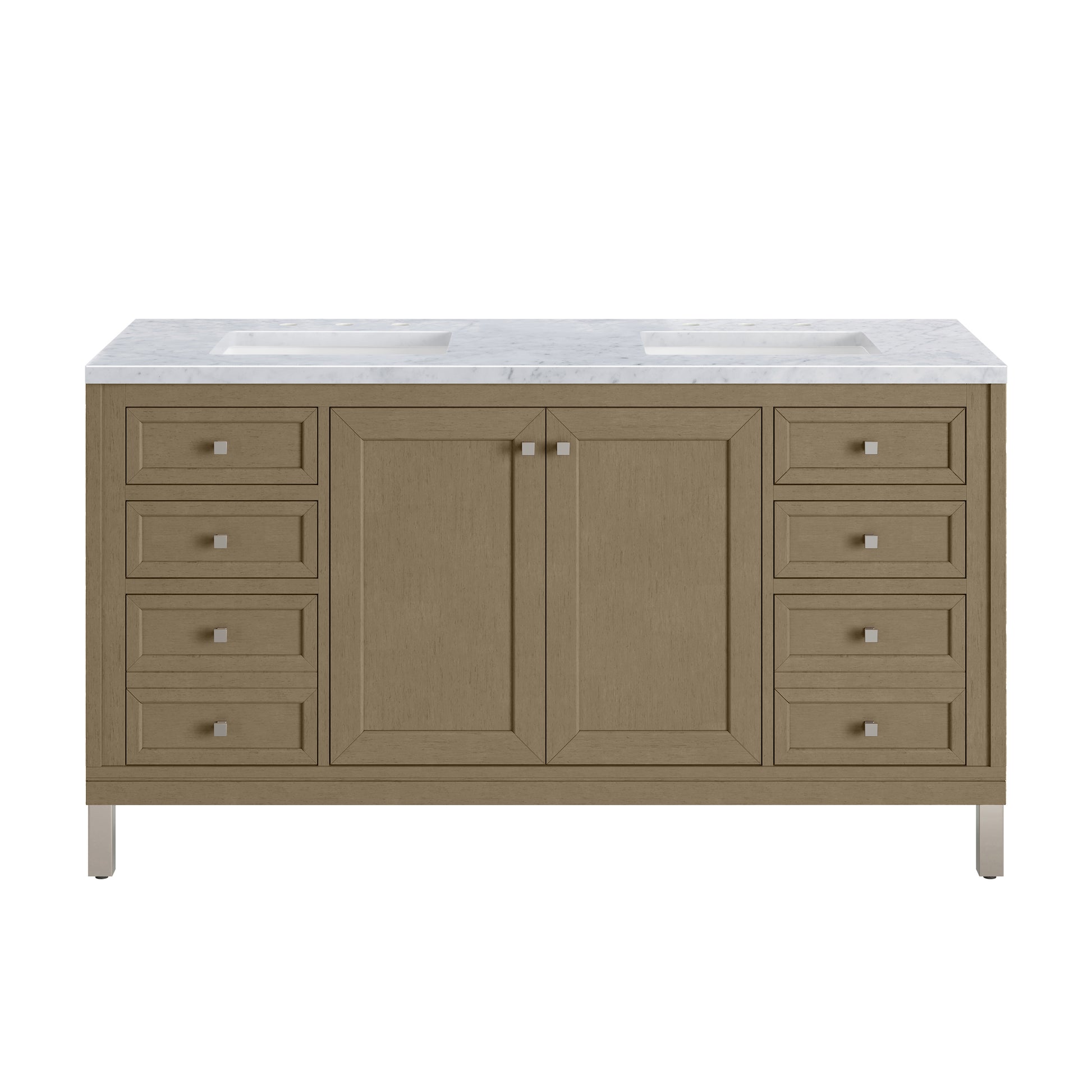 James Martin Vanities Chicago 60" Walnut Whisper Double Vanity With 3cm Carrara Marble Top