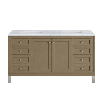 James Martin Vanities Chicago 60" Walnut Whisper Double Vanity With 3cm Carrara Marble Top