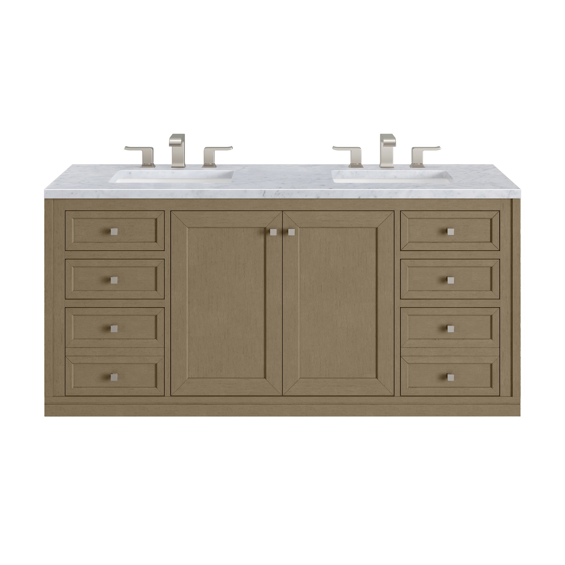 James Martin Vanities Chicago 60" Walnut Whisper Double Vanity With 3cm Carrara Marble Top