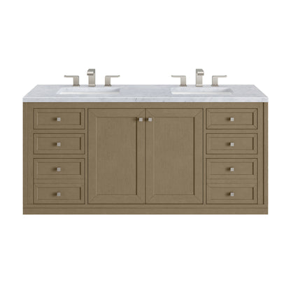 James Martin Vanities Chicago 60" Walnut Whisper Double Vanity With 3cm Carrara Marble Top