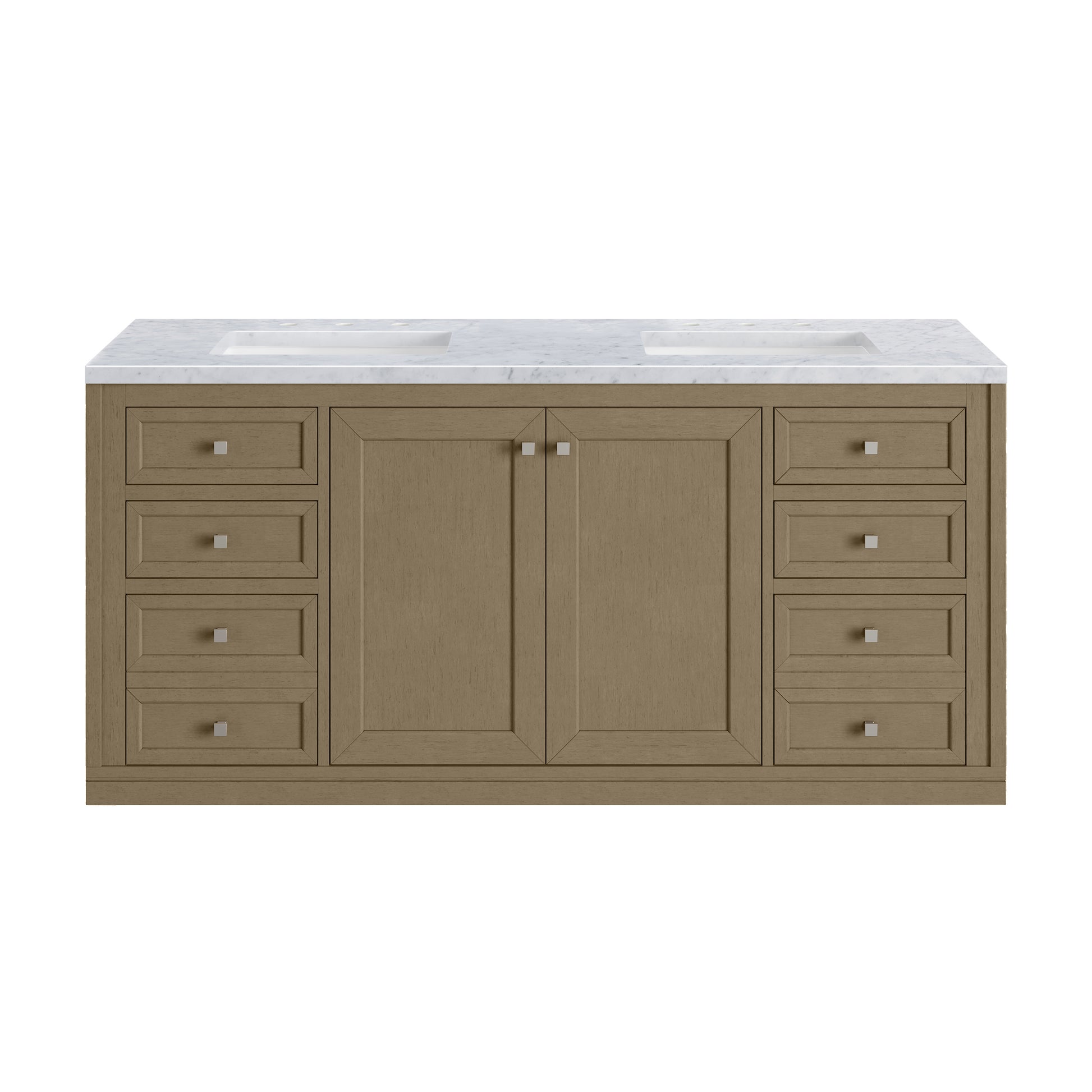James Martin Vanities Chicago 60" Walnut Whisper Double Vanity With 3cm Carrara Marble Top