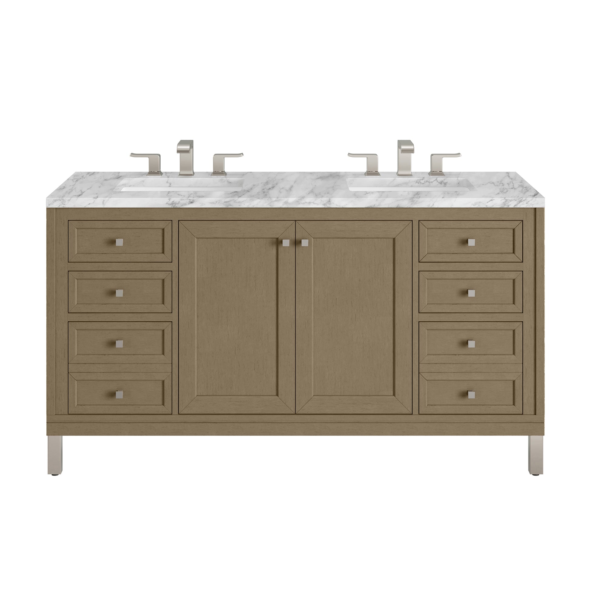 James Martin Vanities Chicago 60" Walnut Whisper Double Vanity With 3cm Carrara Marble Top