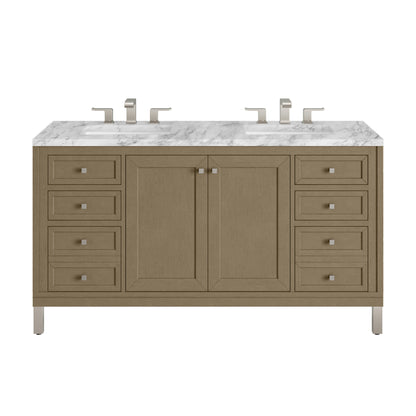 James Martin Vanities Chicago 60" Walnut Whisper Double Vanity With 3cm Carrara Marble Top