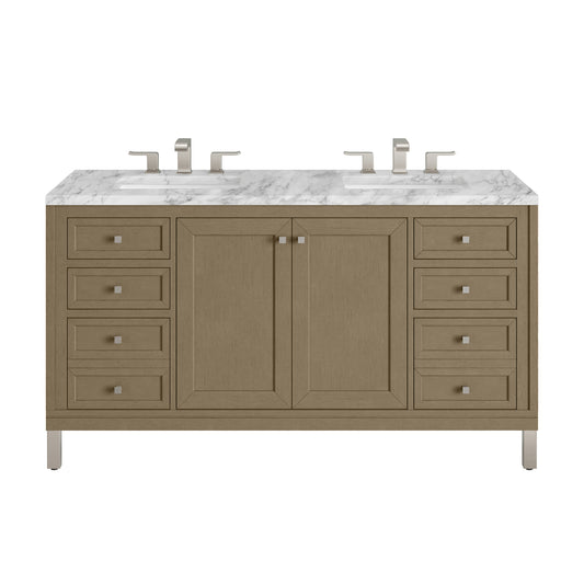 James Martin Vanities Chicago 60" Walnut Whisper Double Vanity With 3cm Carrara Marble Top