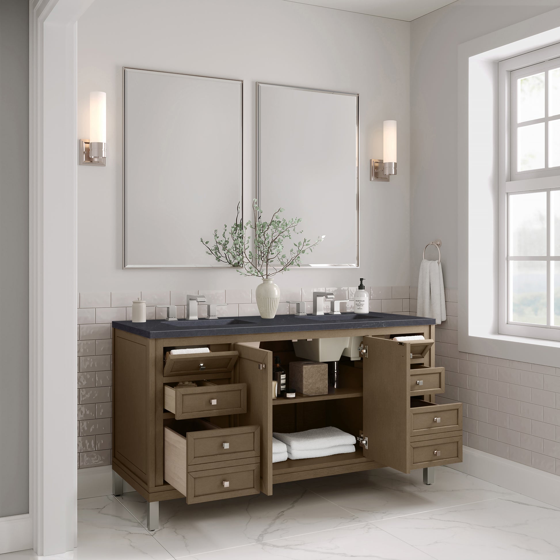 James Martin Vanities Chicago 60" Walnut Whisper Double Vanity With 3cm Charcoal Soapstone Silestone Top