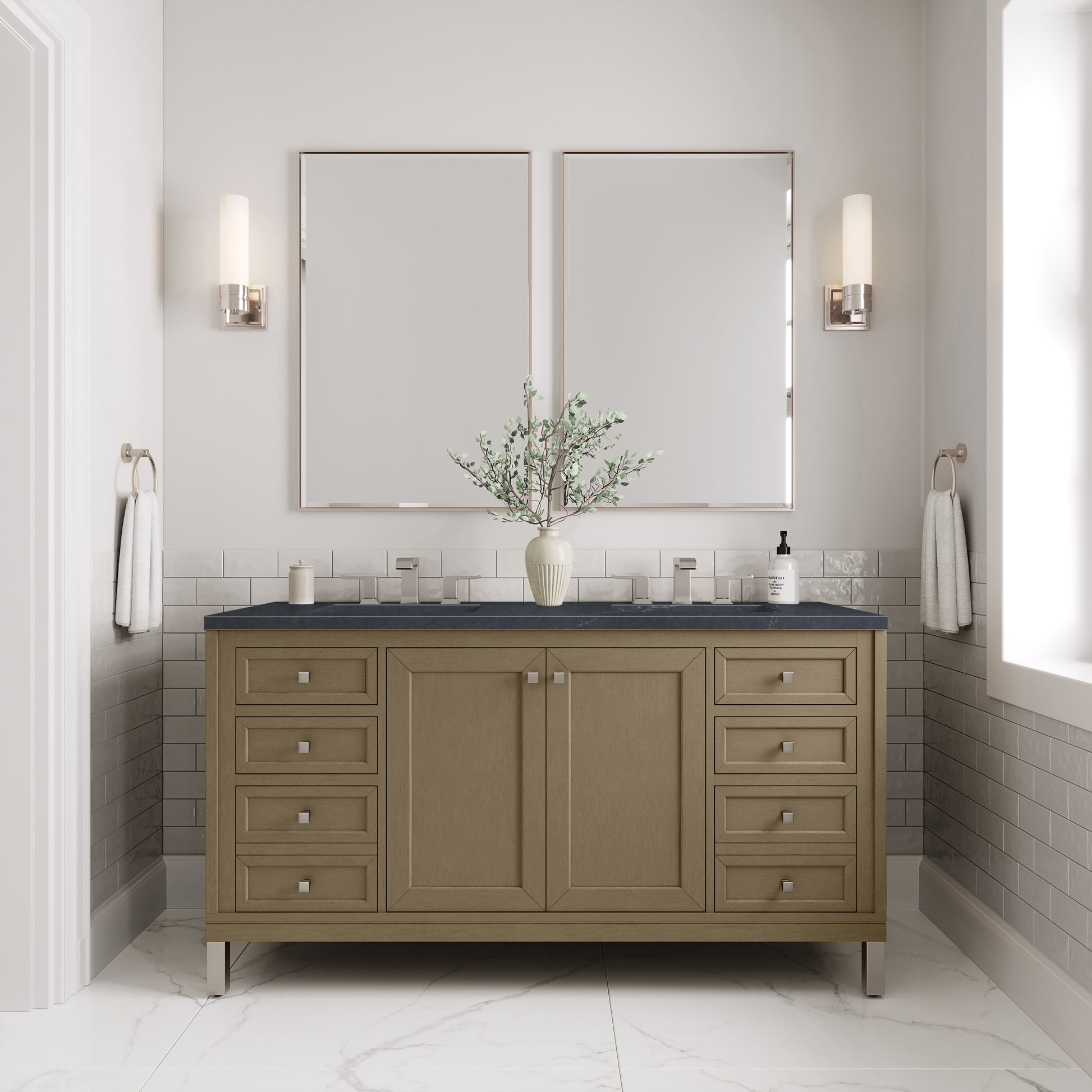 James Martin Vanities Chicago 60" Walnut Whisper Double Vanity With 3cm Charcoal Soapstone Silestone Top