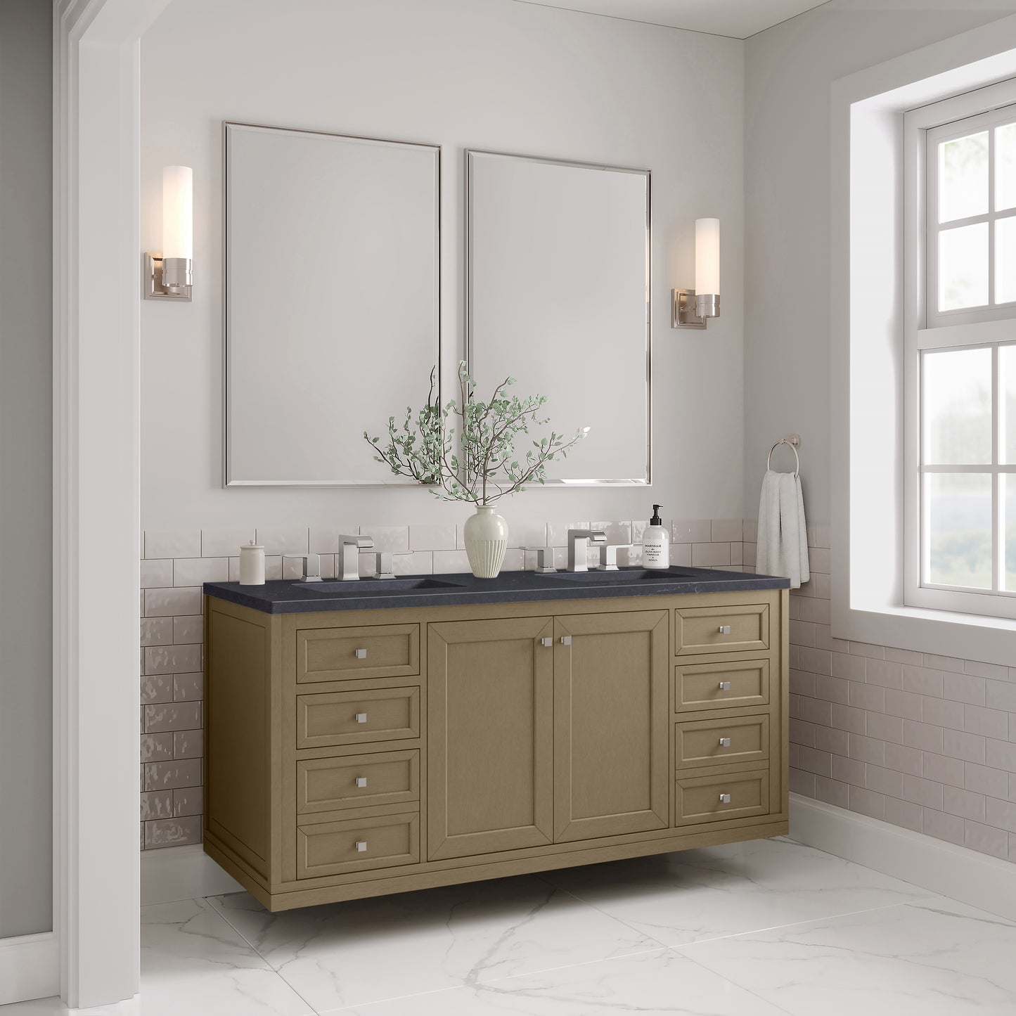 James Martin Vanities Chicago 60" Walnut Whisper Double Vanity With 3cm Charcoal Soapstone Silestone Top