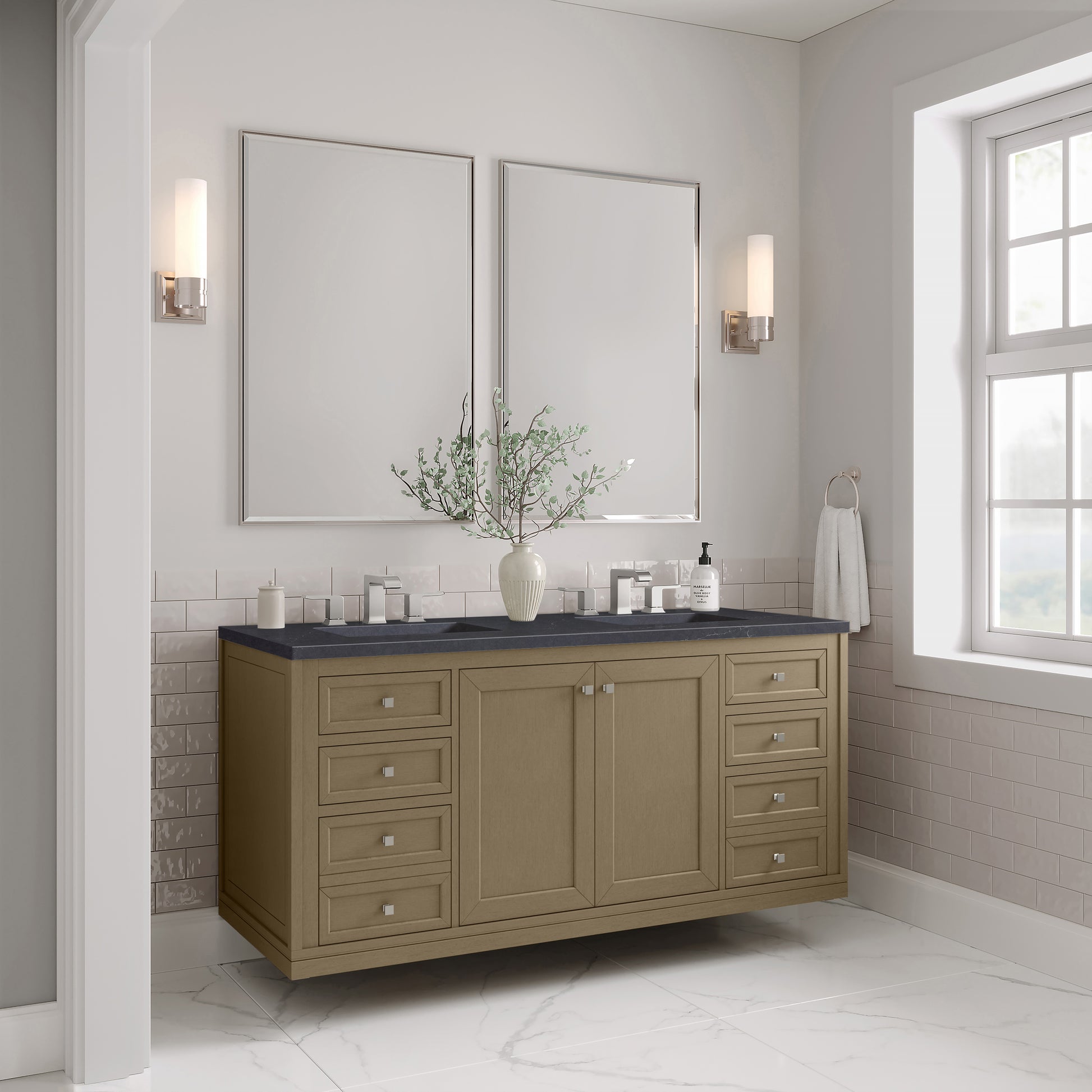 James Martin Vanities Chicago 60" Walnut Whisper Double Vanity With 3cm Charcoal Soapstone Silestone Top
