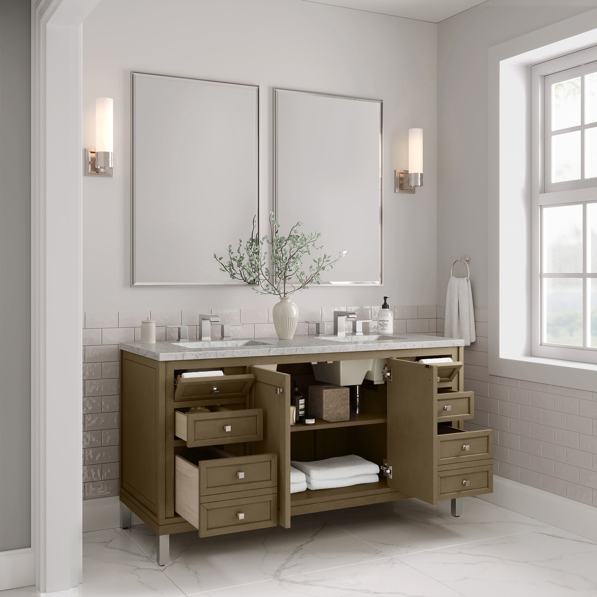 James Martin Vanities Chicago 60" Walnut Whisper Double Vanity With 3cm Eternal Jasmine Pearl Silestone Top