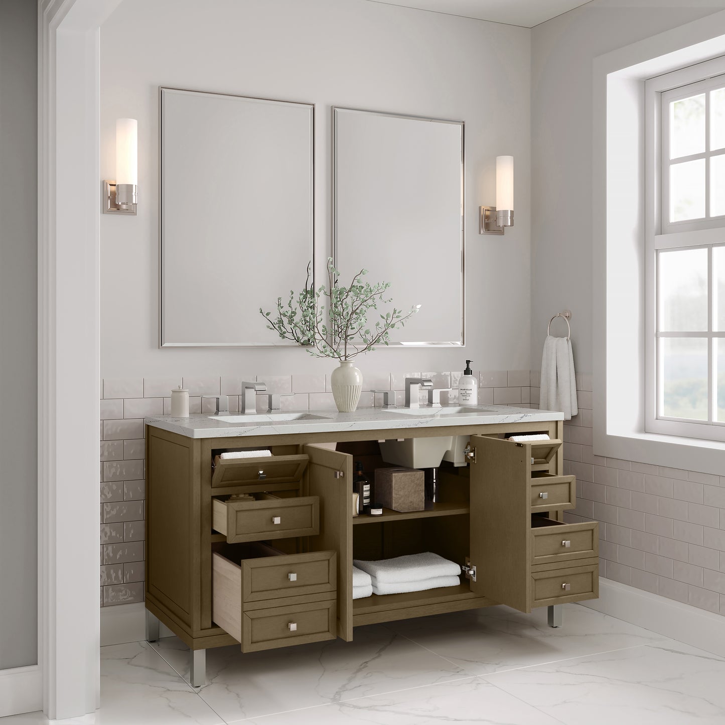 James Martin Vanities Chicago 60" Walnut Whisper Double Vanity With 3cm Ethereal Noctis Silestone Top