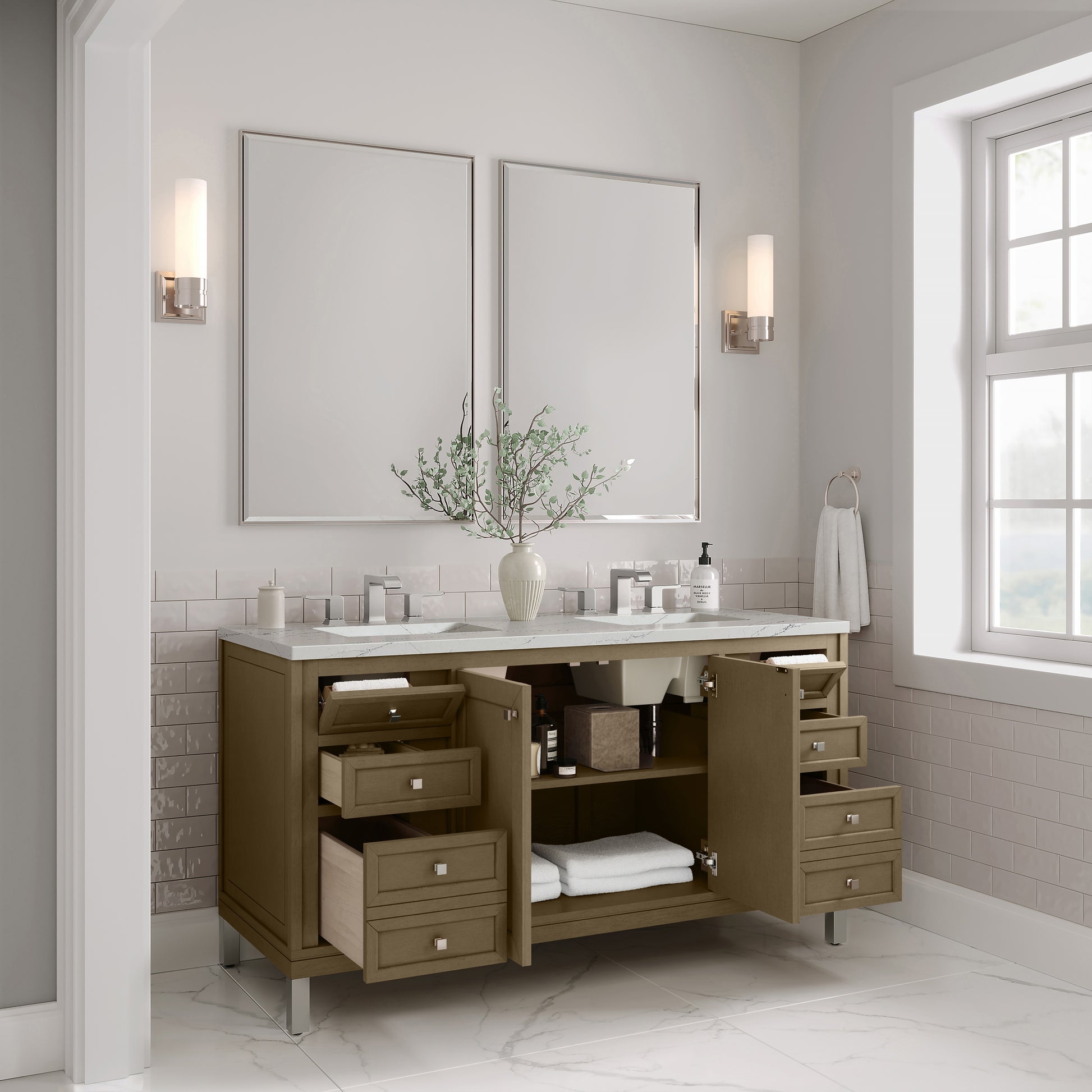 James Martin Vanities Chicago 60" Walnut Whisper Double Vanity With 3cm Ethereal Noctis Silestone Top