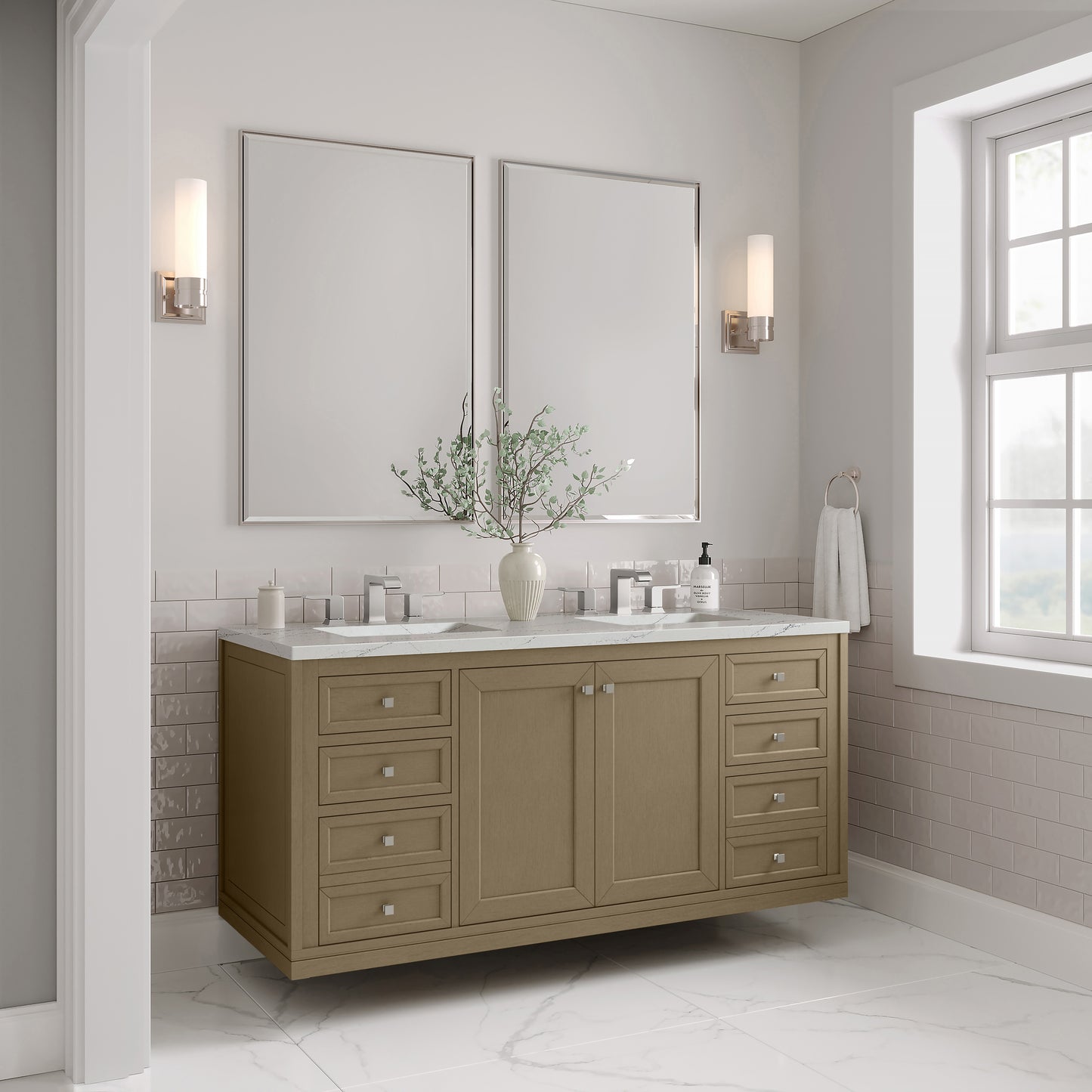 James Martin Vanities Chicago 60" Walnut Whisper Double Vanity With 3cm Ethereal Noctis Silestone Top