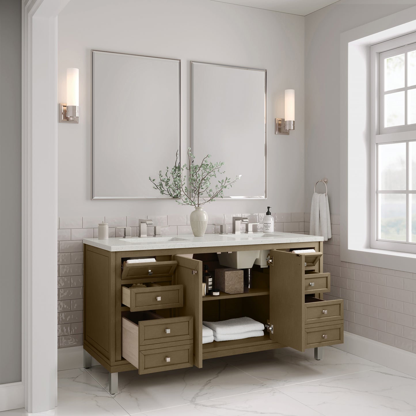 James Martin Vanities Chicago 60" Walnut Whisper Double Vanity With 3cm Lime Delight Silestone Top