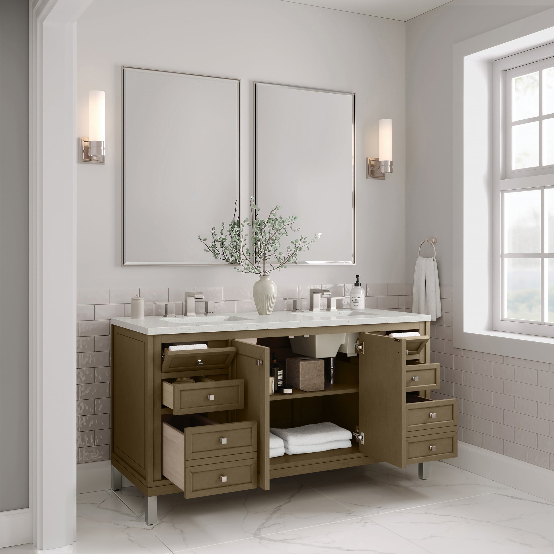James Martin Vanities Chicago 60" Walnut Whisper Double Vanity With 3cm Lime Delight Silestone Top