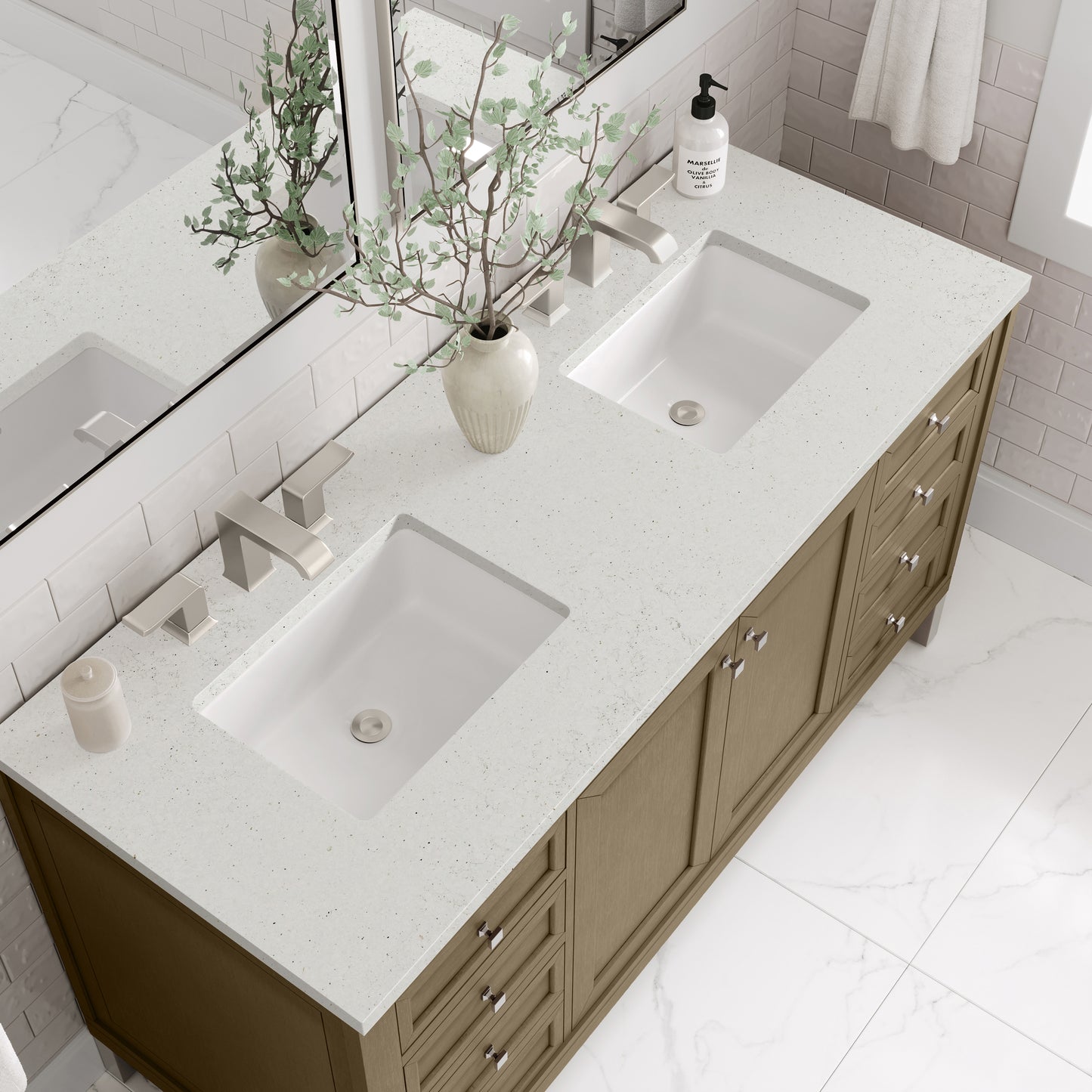 James Martin Vanities Chicago 60" Walnut Whisper Double Vanity With 3cm Lime Delight Silestone Top