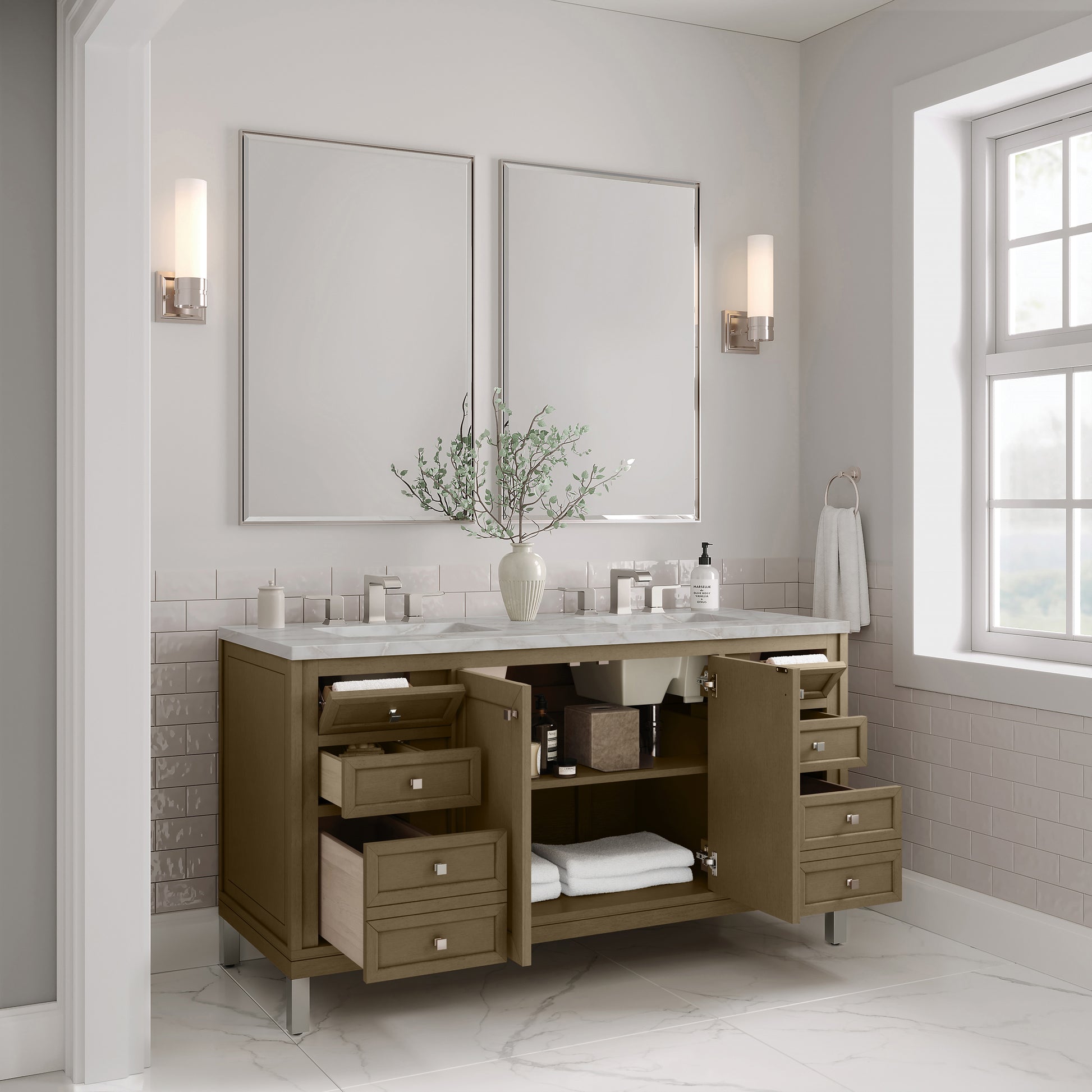 James Martin Vanities Chicago 60" Walnut Whisper Double Vanity With 3cm Victorian Silver Silestone Top