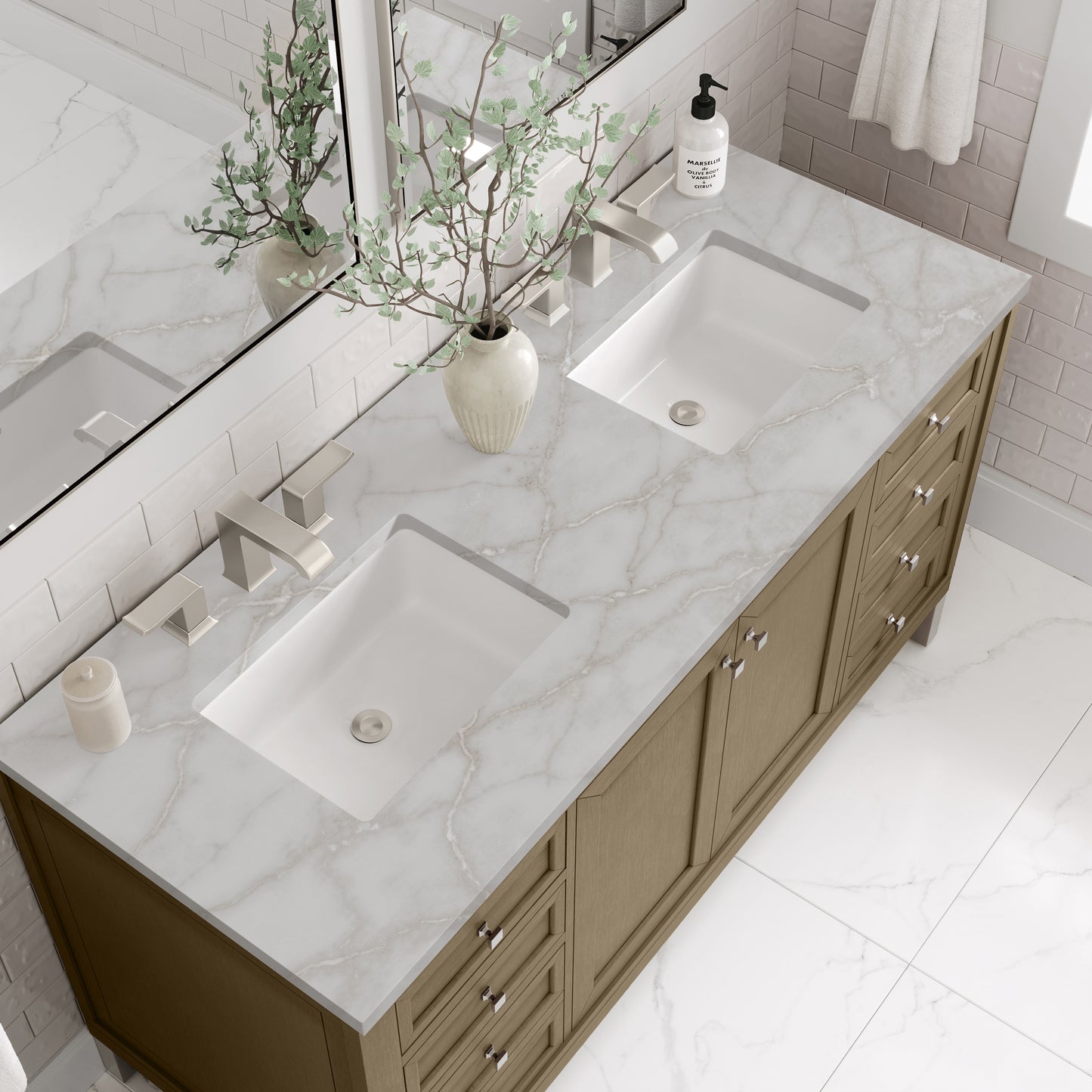 James Martin Vanities Chicago 60" Walnut Whisper Double Vanity With 3cm Victorian Silver Silestone Top