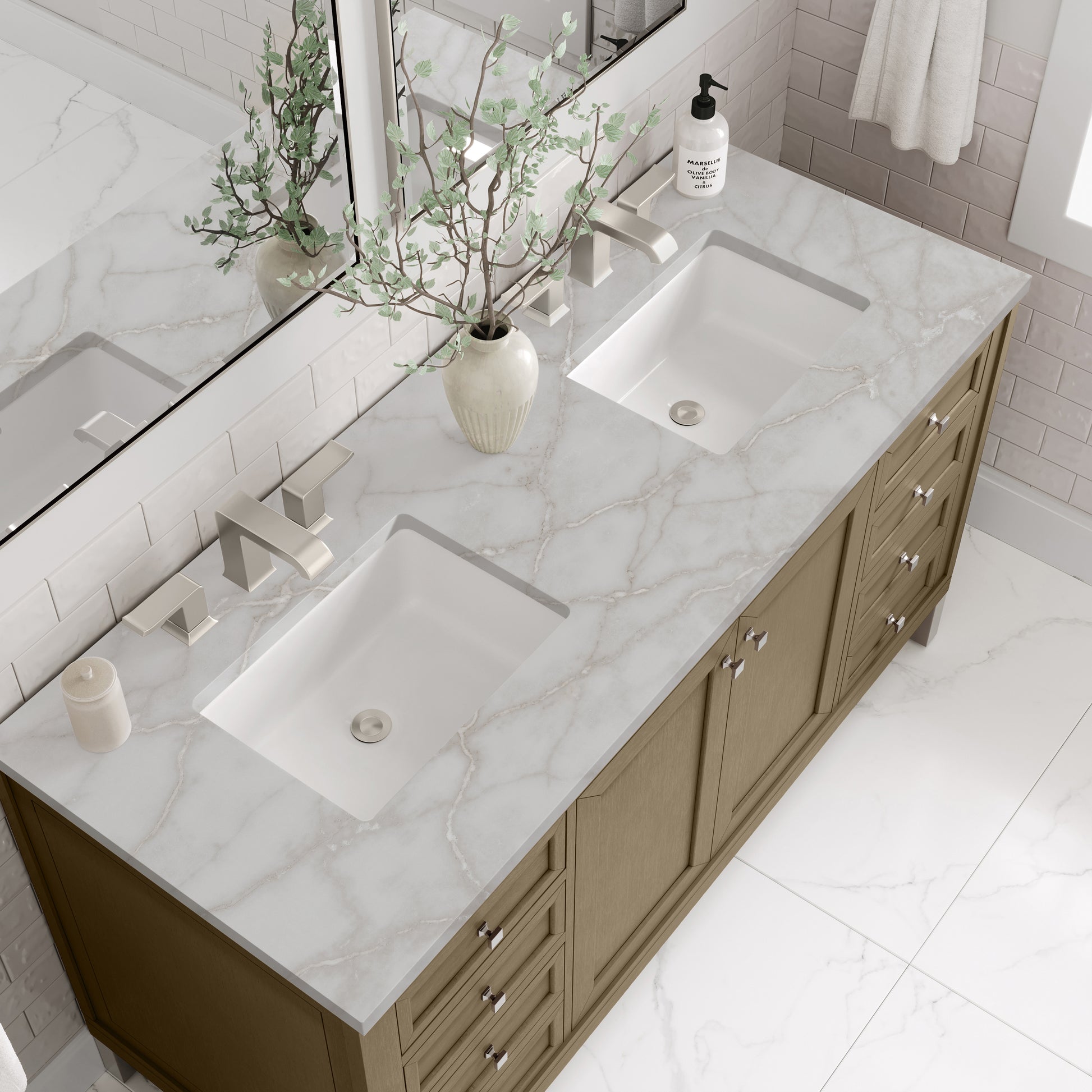 James Martin Vanities Chicago 60" Walnut Whisper Double Vanity With 3cm Victorian Silver Silestone Top