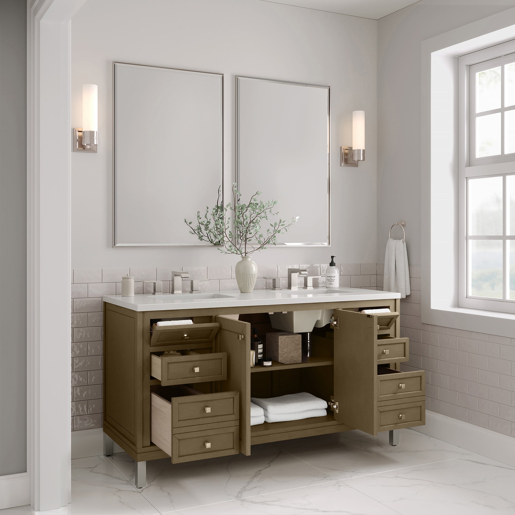 James Martin Vanities Chicago 60" Walnut Whisper Double Vanity With 3cm White Zeus Silestone Top