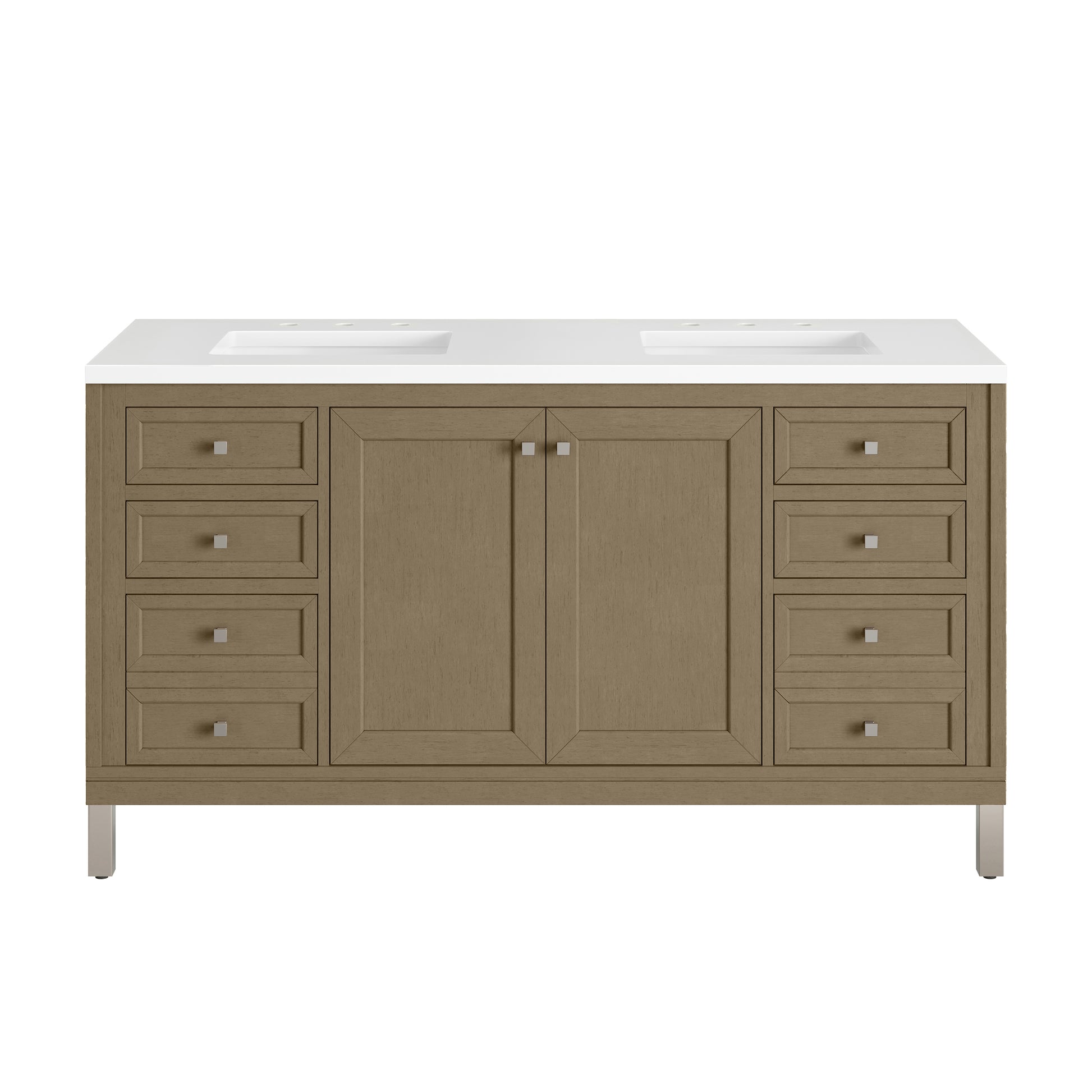 James Martin Vanities Chicago 60" Walnut Whisper Double Vanity With 3cm White Zeus Silestone Top
