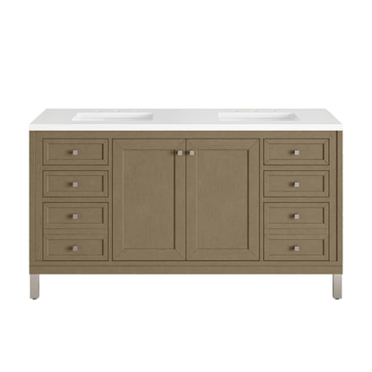 James Martin Vanities Chicago 60" Walnut Whisper Double Vanity With 3cm White Zeus Silestone Top