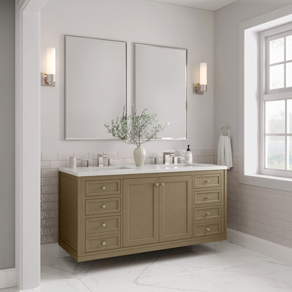 James Martin Vanities Chicago 60" Walnut Whisper Double Vanity With 3cm White Zeus Silestone Top
