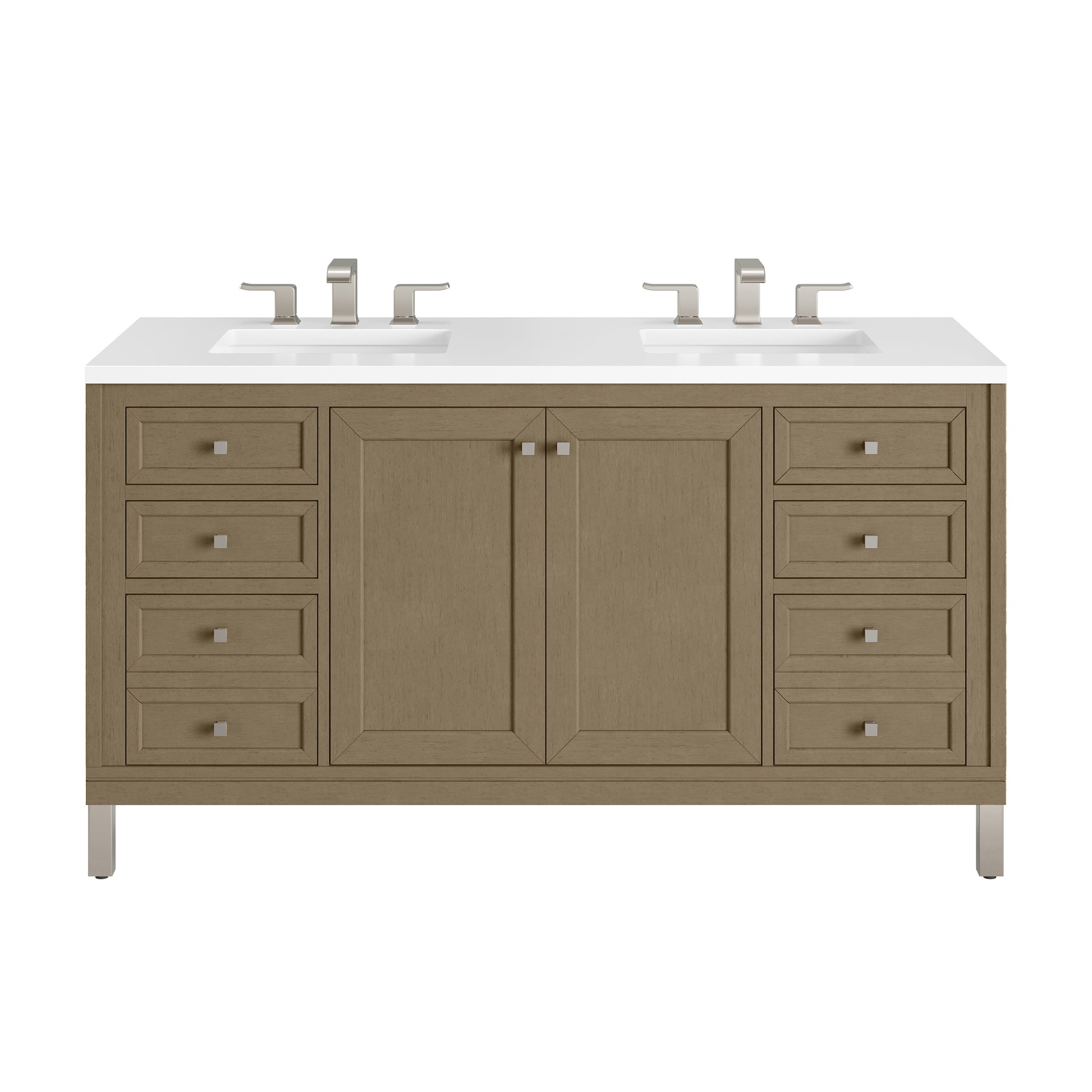 James Martin Vanities Chicago 60" Walnut Whisper Double Vanity With 3cm White Zeus Silestone Top