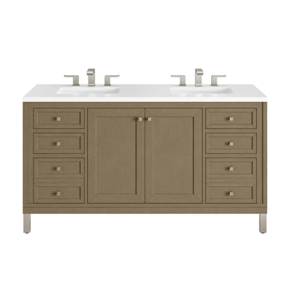 James Martin Vanities Chicago 60" Walnut Whisper Double Vanity With 3cm White Zeus Silestone Top