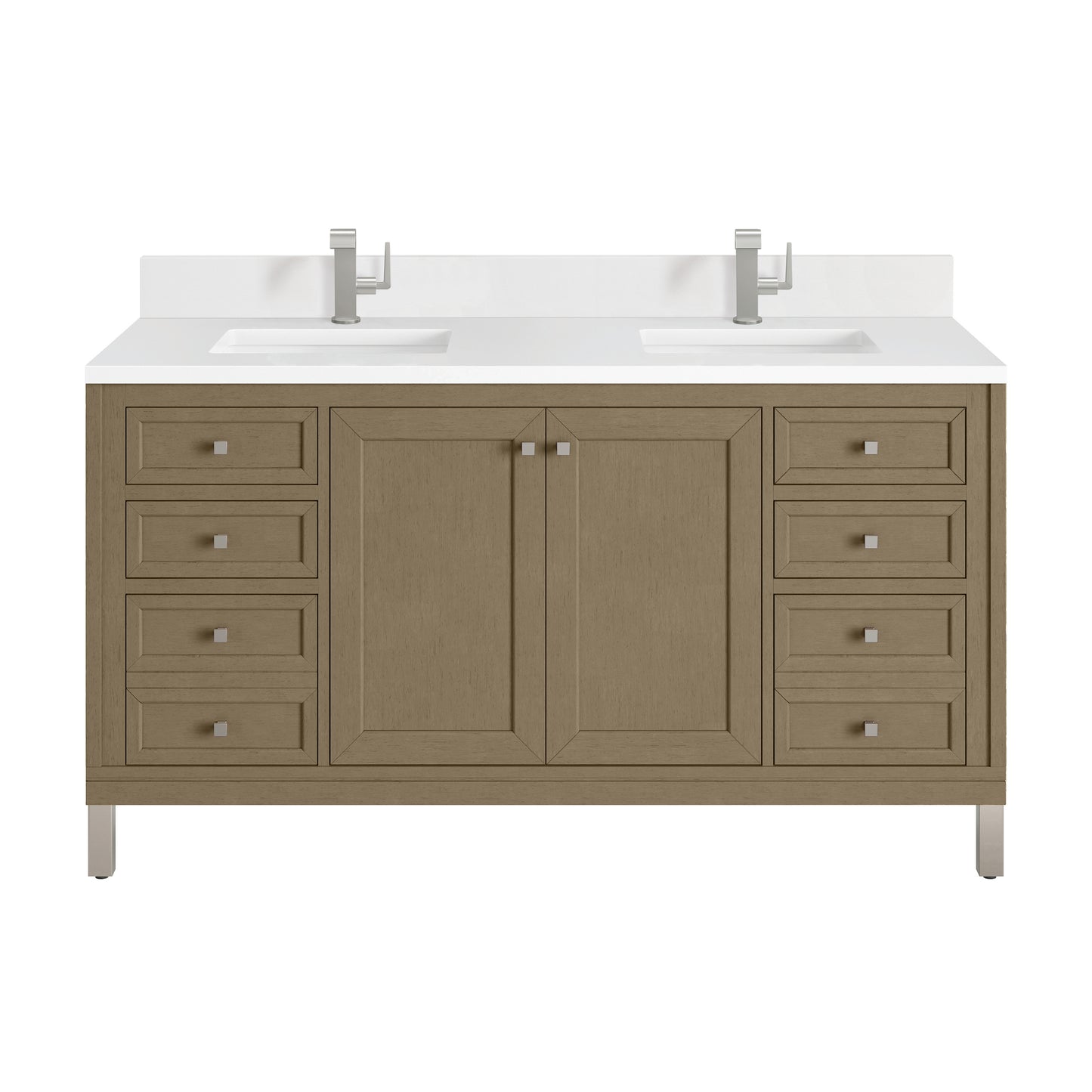 James Martin Vanities Chicago 60" Walnut Whisper Double Vanity With Single Hole 3cm White Zeus Silestone Top and Backsplash