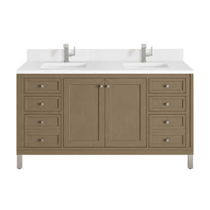 James Martin Vanities Chicago 60" Walnut Whisper Double Vanity With Single Hole 3cm White Zeus Silestone Top and Backsplash