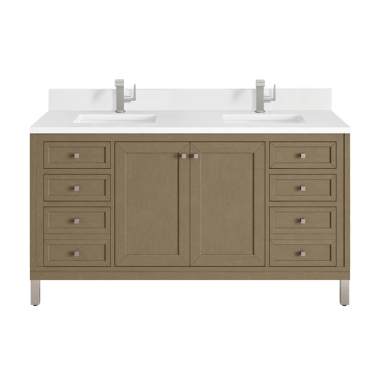 James Martin Vanities Chicago 60" Walnut Whisper Double Vanity With Single Hole 3cm White Zeus Silestone Top and Backsplash