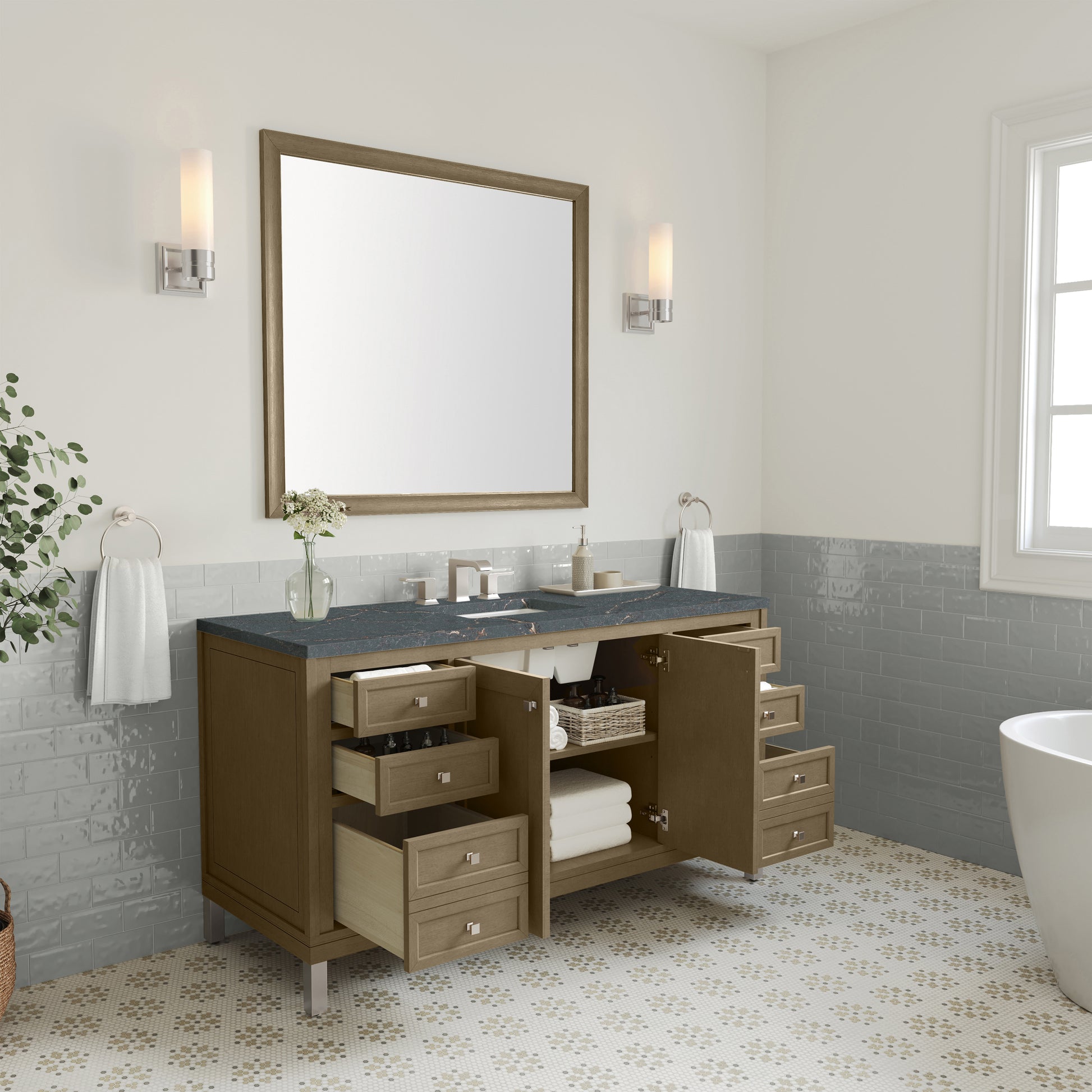 James Martin Vanities Chicago 60" Walnut Whisper Single Vanity With 3 cm Parisien Bleu Silestone Top