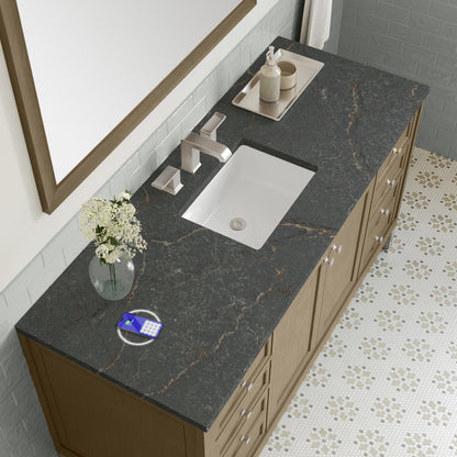 James Martin Vanities Chicago 60" Walnut Whisper Single Vanity With 3 cm Parisien Bleu Silestone Top and FreePower Wireless Charger