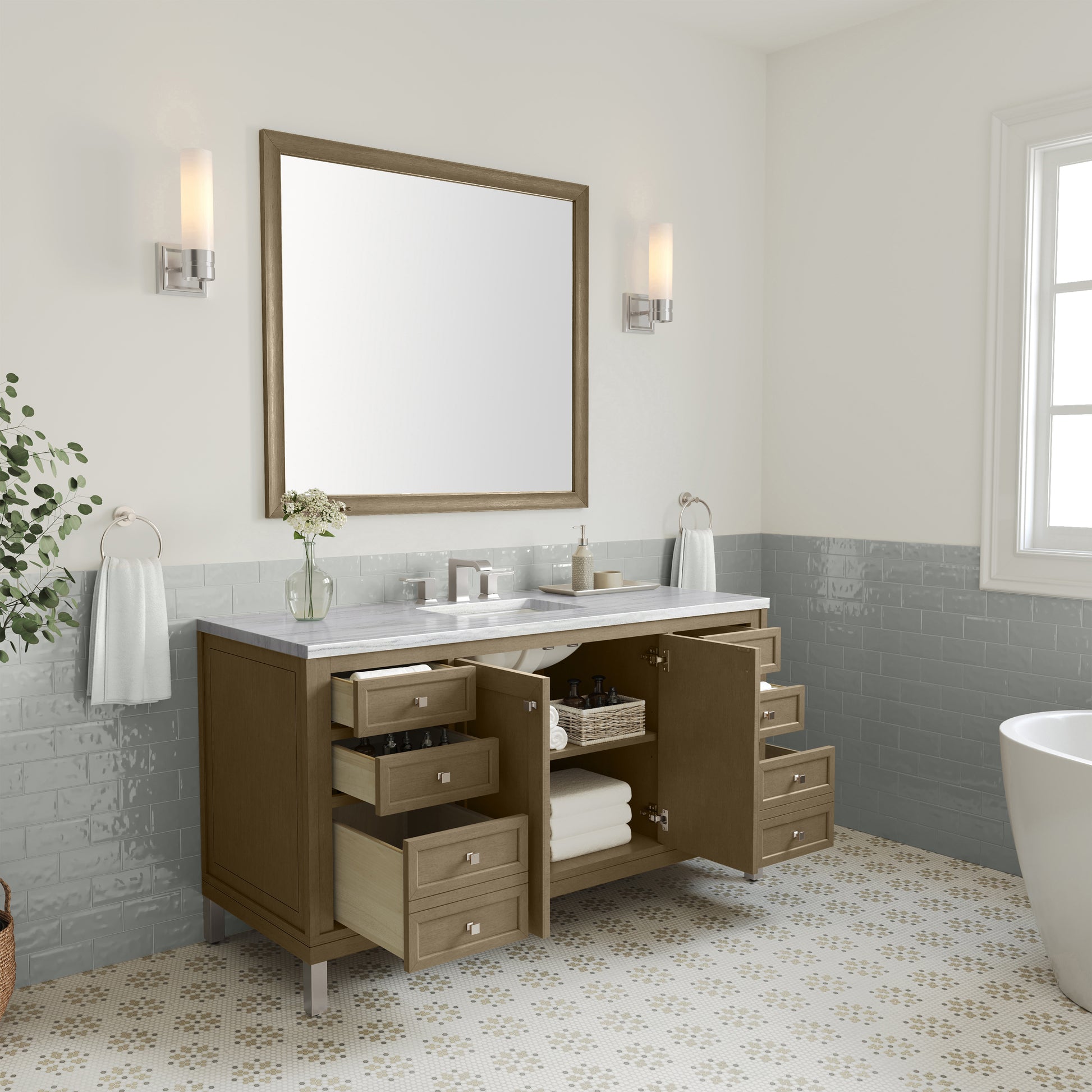 James Martin Vanities Chicago 60" Walnut Whisper Single Vanity With 3cm Arctic Fall Solid Surface Top