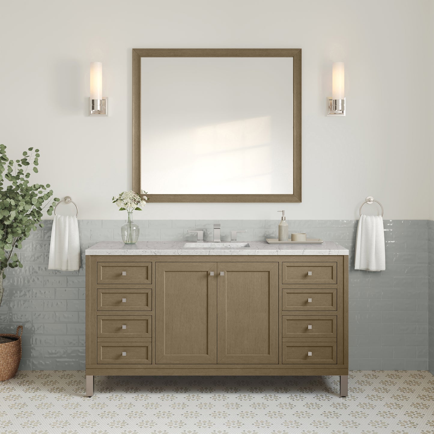 James Martin Vanities Chicago 60" Walnut Whisper Single Vanity With 3cm Eternal Jasmine Pearl Silestone Top