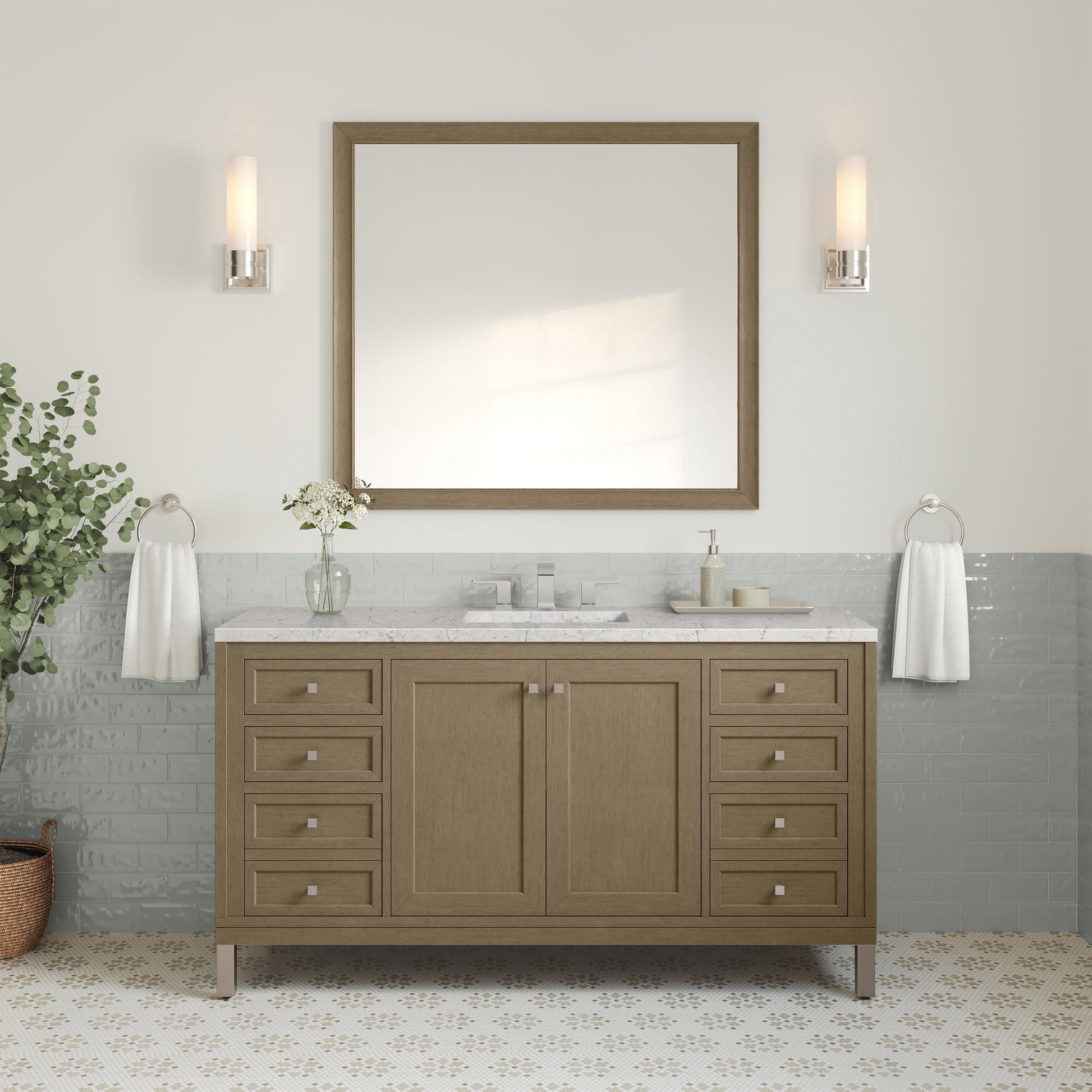 James Martin Vanities Chicago 60" Walnut Whisper Single Vanity With 3cm Eternal Jasmine Pearl Silestone Top
