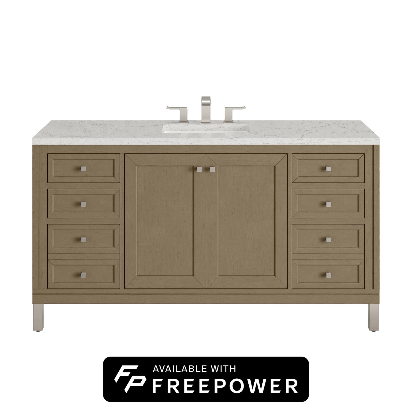 James Martin Vanities Chicago 60" Walnut Whisper Single Vanity With 3cm Eternal Jasmine Pearl Silestone Top With FreePower Wireless Charger