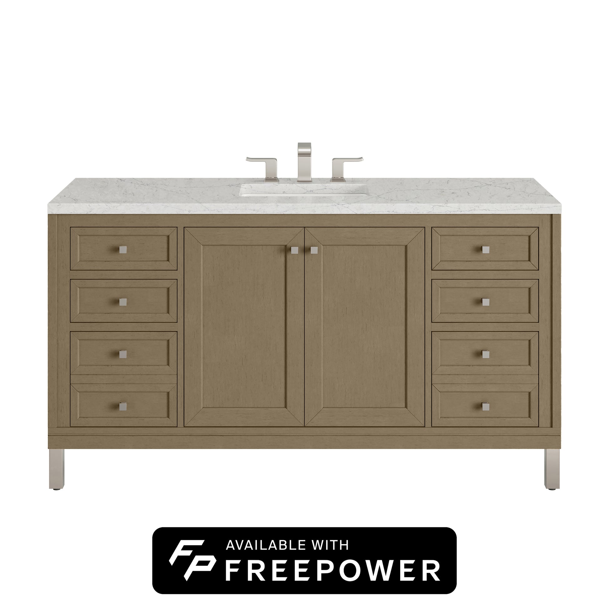 James Martin Vanities Chicago 60" Walnut Whisper Single Vanity With 3cm Eternal Jasmine Pearl Silestone Top With FreePower Wireless Charger