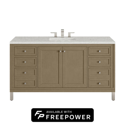 James Martin Vanities Chicago 60" Walnut Whisper Single Vanity With 3cm Eternal Jasmine Pearl Silestone Top With FreePower Wireless Charger