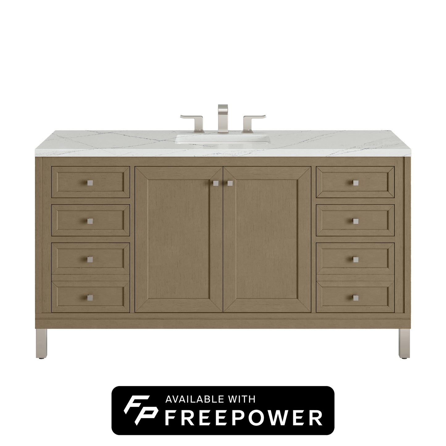 James Martin Vanities Chicago 60" Walnut Whisper Single Vanity With 3cm Ethereal Noctis Silestone Top With FreePower Wireless Charger