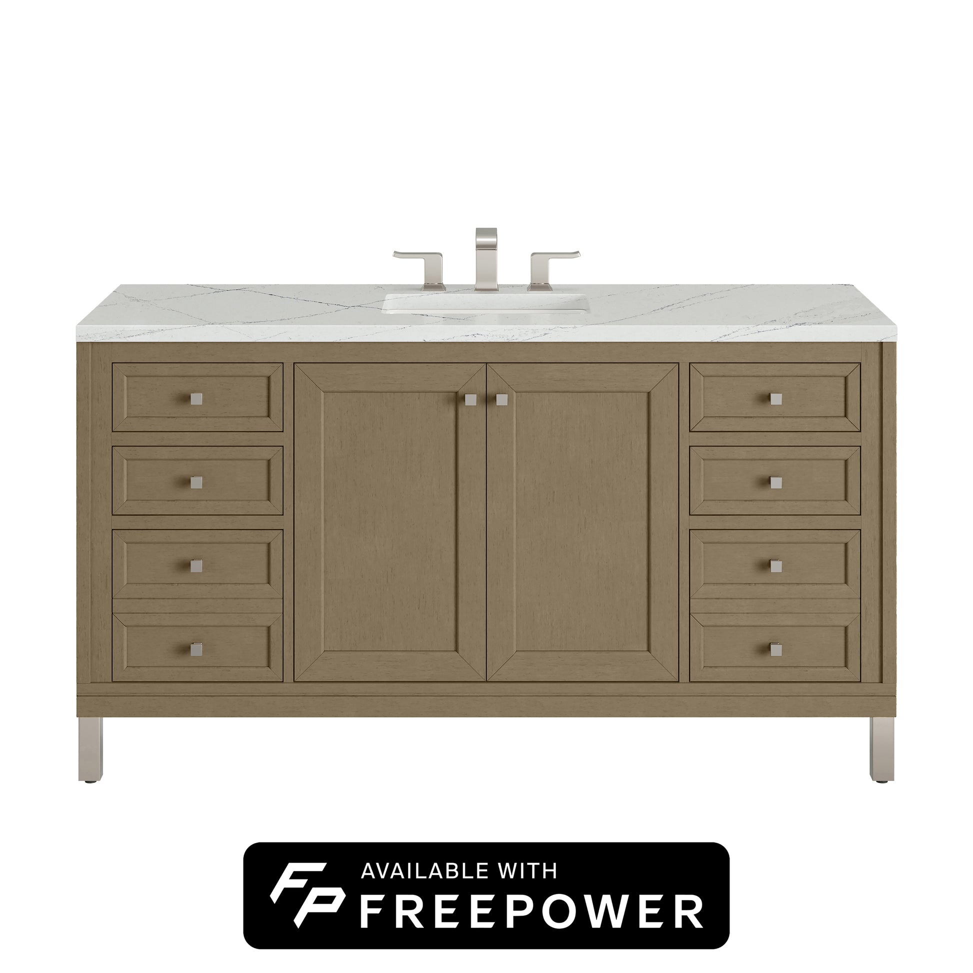 James Martin Vanities Chicago 60" Walnut Whisper Single Vanity With 3cm Ethereal Noctis Silestone Top With FreePower Wireless Charger