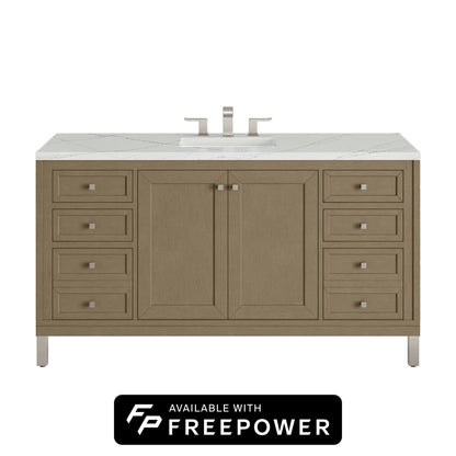 James Martin Vanities Chicago 60" Walnut Whisper Single Vanity With 3cm Ethereal Noctis Silestone Top With FreePower Wireless Charger