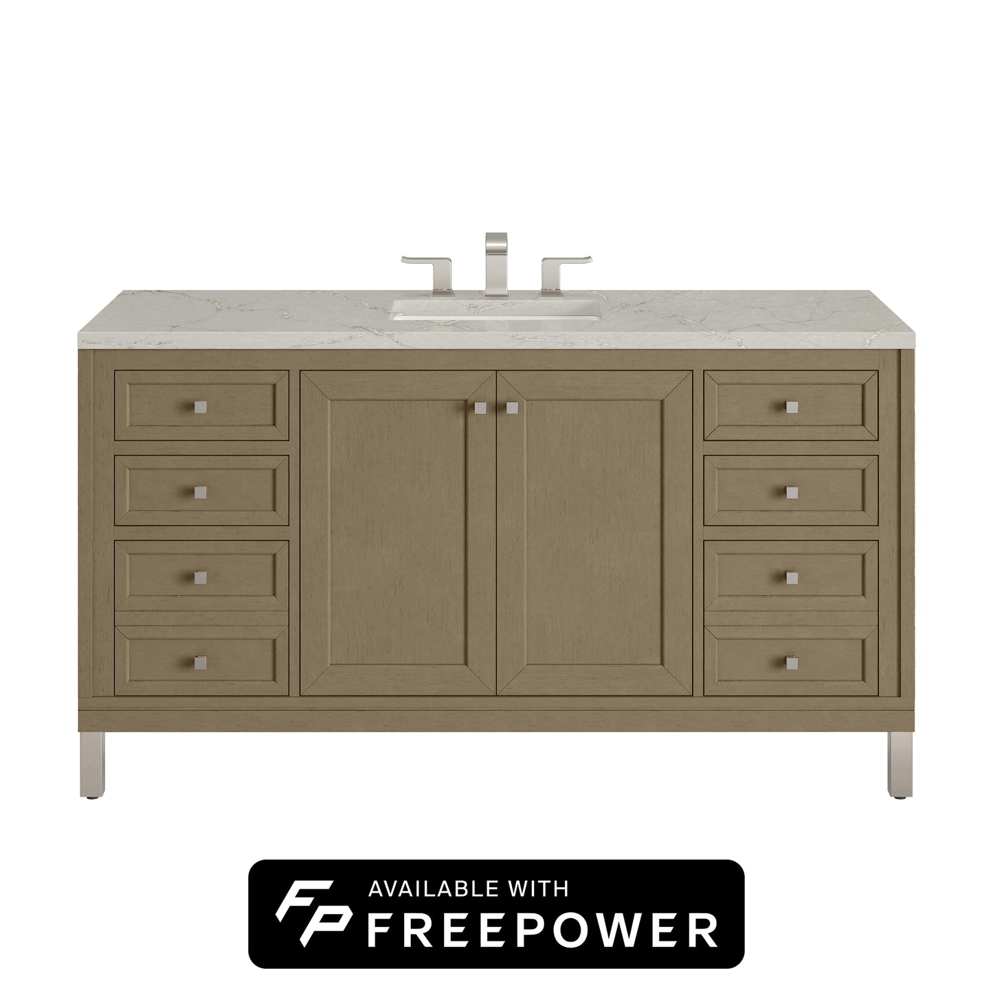 James Martin Vanities Chicago 60" Walnut Whisper Single Vanity With 3cm Victorian Silver Silestone Top With FreePower Wireless Charger