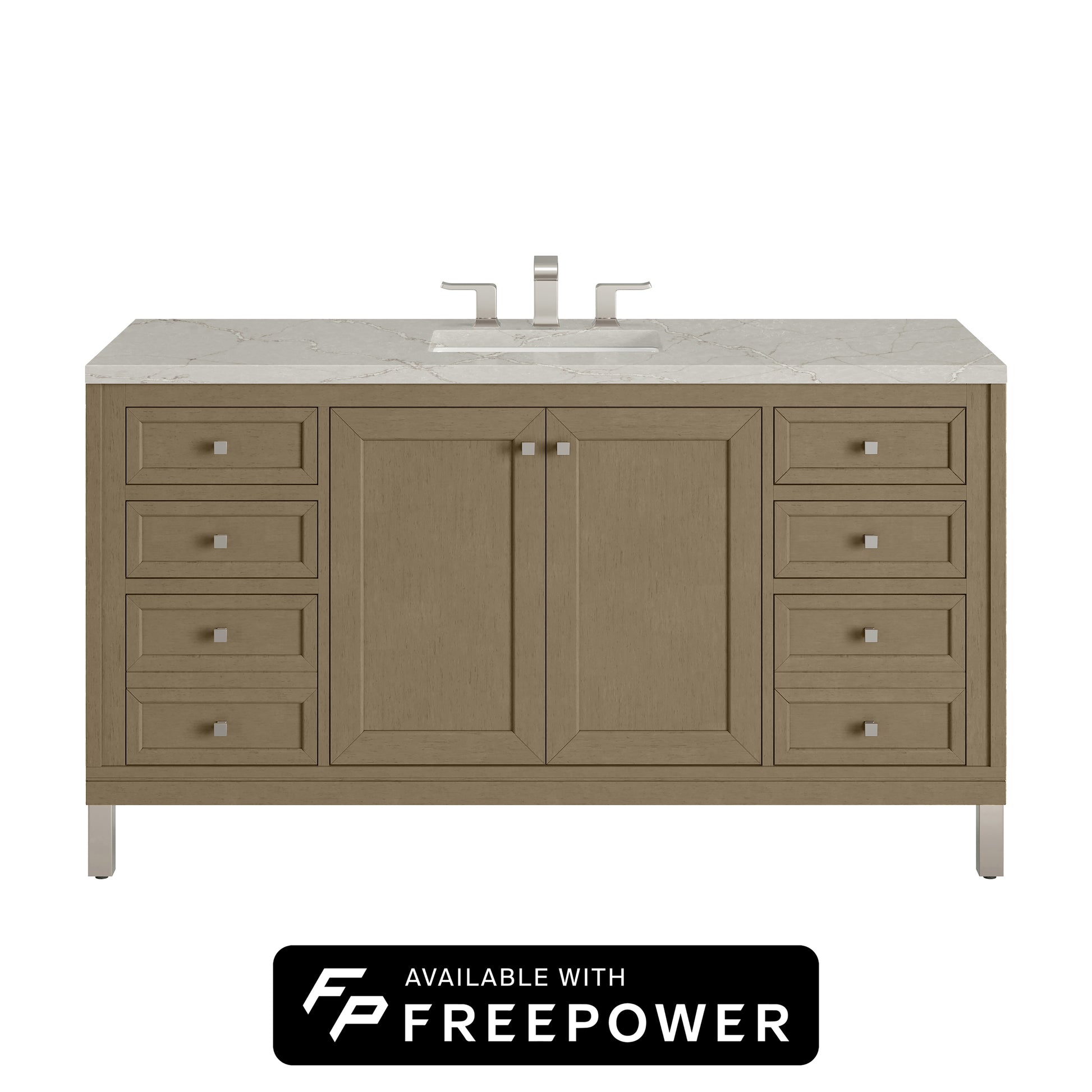 James Martin Vanities Chicago 60" Walnut Whisper Single Vanity With 3cm Victorian Silver Silestone Top With FreePower Wireless Charger